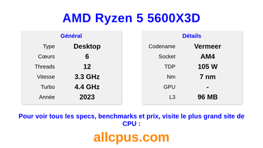 AMD Ryzen 5 5600X3D Spécifications et benchmarks du CPU