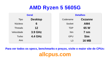 AMD Ryzen 5 5605G Especificações e benchmarks da CPU