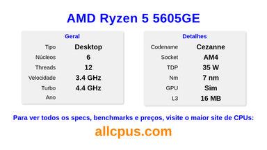 AMD Ryzen 5 5605GE Especificações e benchmarks da CPU