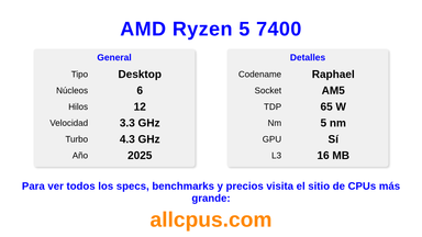 AMD Ryzen 5 7400 Especificaciones y benchmarks de la CPU
