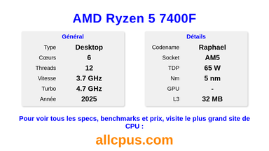AMD Ryzen 5 7400F Spécifications et benchmarks du CPU