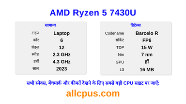 AMD Ryzen 5 7430U CPU की स्पेसिफिकेशन और बेंचमार्क