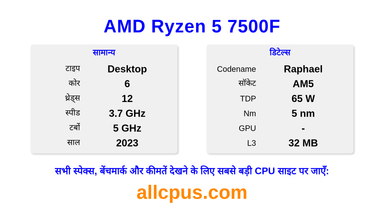 AMD Ryzen 5 7500F CPU की स्पेसिफिकेशन और बेंचमार्क