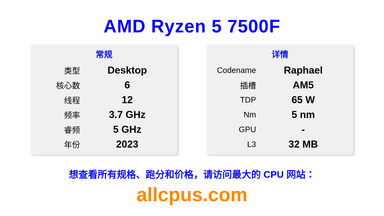 AMD Ryzen 5 7500F CPU 规格和跑分