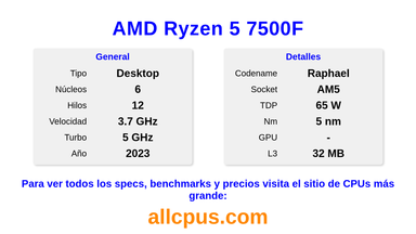 AMD Ryzen 5 7500F Especificaciones y benchmarks de la CPU