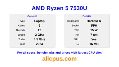 AMD Ryzen 5 7530U CPU Specifications and Benchmark