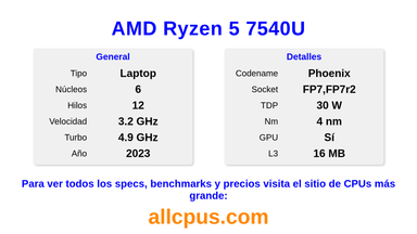AMD Ryzen 5 7540U Especificaciones y benchmarks de la CPU