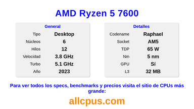 AMD Ryzen 5 7600 Especificaciones y benchmarks de la CPU