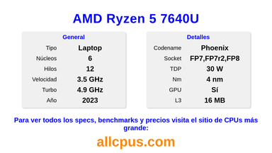 AMD Ryzen 5 7640U Especificaciones y benchmarks de la CPU