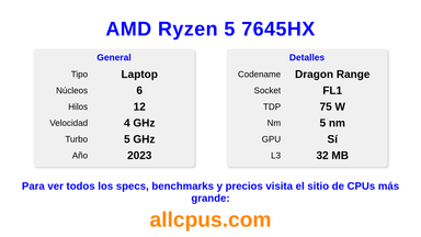 AMD Ryzen 5 7645HX Especificaciones y benchmarks de la CPU