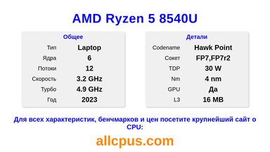 AMD Ryzen 5 8540U Характеристики и бенчмарки CPU