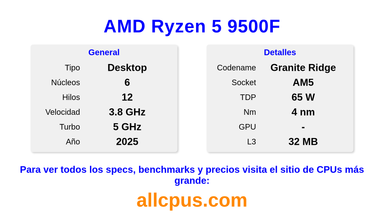 AMD Ryzen 5 9500F Especificaciones y benchmarks de la CPU