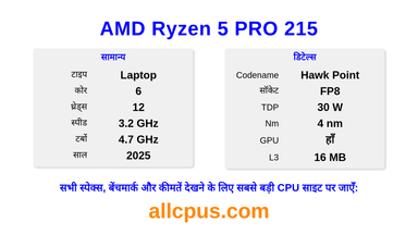 AMD Ryzen 5 PRO 215 CPU की स्पेसिफिकेशन और बेंचमार्क