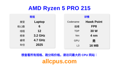AMD Ryzen 5 PRO 215 CPU 规格和跑分