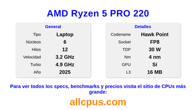 AMD Ryzen 5 PRO 220 Especificaciones y benchmarks de la CPU