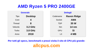 AMD Ryzen 5 PRO 2400GE Specifiche e benchmark della CPU