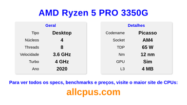 AMD Ryzen 5 PRO 3350G Especificações e benchmarks da CPU