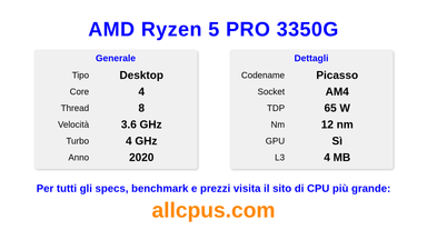 AMD Ryzen 5 PRO 3350G Specifiche e benchmark della CPU