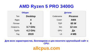 AMD Ryzen 5 PRO 3400G Характеристики и бенчмарки CPU