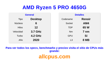 AMD Ryzen 5 PRO 4650G Especificaciones y benchmarks de la CPU