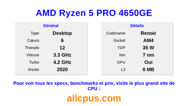 AMD Ryzen 5 PRO 4650GE Spécifications et benchmarks du CPU