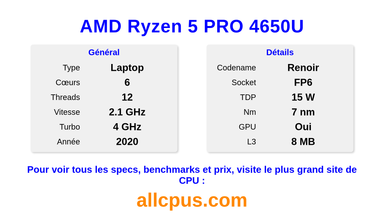 AMD Ryzen 5 PRO 4650U Spécifications et benchmarks du CPU
