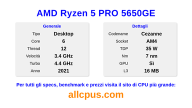 AMD Ryzen 5 PRO 5650GE Specifiche e benchmark della CPU
