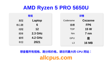 AMD Ryzen 5 PRO 5650U CPU 规格和跑分