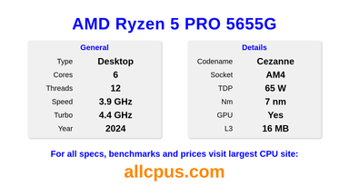 AMD Ryzen 5 PRO 5655G CPU Specifications and Benchmark