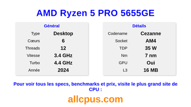 AMD Ryzen 5 PRO 5655GE Spécifications et benchmarks du CPU