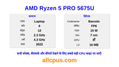 AMD Ryzen 5 PRO 5675U CPU की स्पेसिफिकेशन और बेंचमार्क