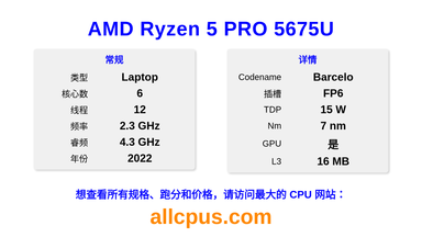 AMD Ryzen 5 PRO 5675U CPU 规格和跑分