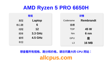 AMD Ryzen 5 PRO 6650H CPU 规格和跑分