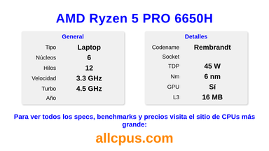 AMD Ryzen 5 PRO 6650H Especificaciones y benchmarks de la CPU