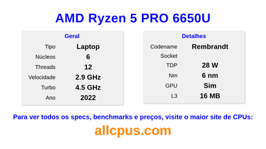 AMD Ryzen 5 PRO 6650U Especificações e benchmarks da CPU