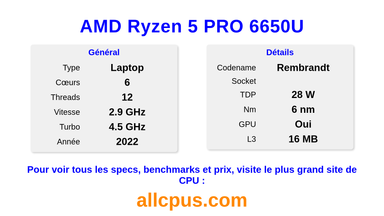 AMD Ryzen 5 PRO 6650U Spécifications et benchmarks du CPU