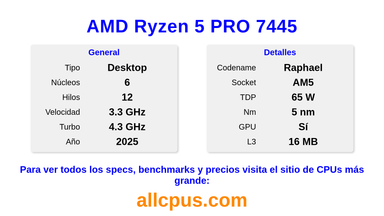 AMD Ryzen 5 PRO 7445 Especificaciones y benchmarks de la CPU