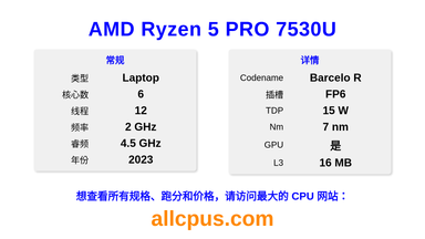 AMD Ryzen 5 PRO 7530U CPU 规格和跑分