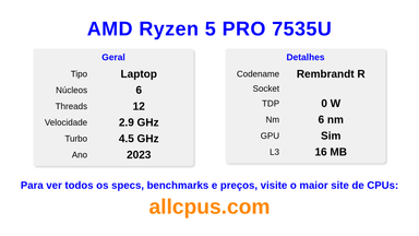 AMD Ryzen 5 PRO 7535U Especificações e benchmarks da CPU