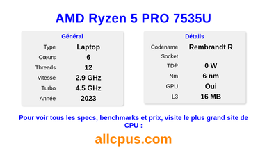 AMD Ryzen 5 PRO 7535U Spécifications et benchmarks du CPU