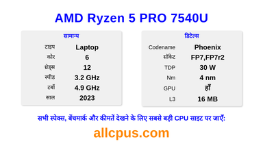 AMD Ryzen 5 PRO 7540U CPU की स्पेसिफिकेशन और बेंचमार्क