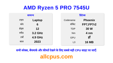 AMD Ryzen 5 PRO 7545U CPU की स्पेसिफिकेशन और बेंचमार्क