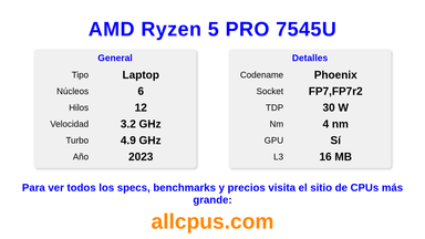 AMD Ryzen 5 PRO 7545U Especificaciones y benchmarks de la CPU