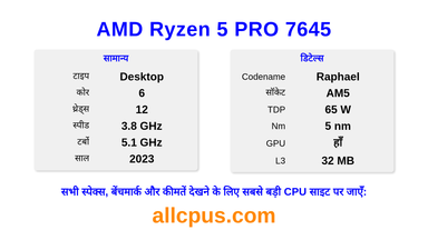 AMD Ryzen 5 PRO 7645 CPU की स्पेसिफिकेशन और बेंचमार्क