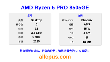 AMD Ryzen 5 PRO 8505GE CPU 规格和跑分