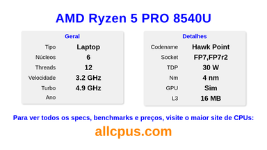 AMD Ryzen 5 PRO 8540U Especificações e benchmarks da CPU
