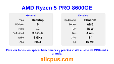 AMD Ryzen 5 PRO 8600GE Especificaciones y benchmarks de la CPU