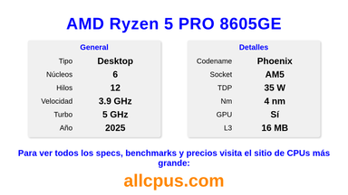 AMD Ryzen 5 PRO 8605GE Especificaciones y benchmarks de la CPU