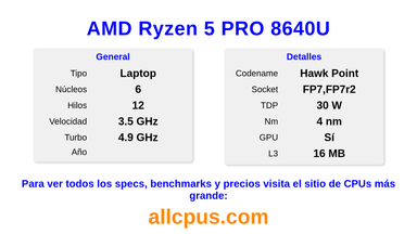 AMD Ryzen 5 PRO 8640U Especificaciones y benchmarks de la CPU