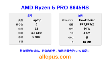 AMD Ryzen 5 PRO 8645HS CPU 规格和跑分